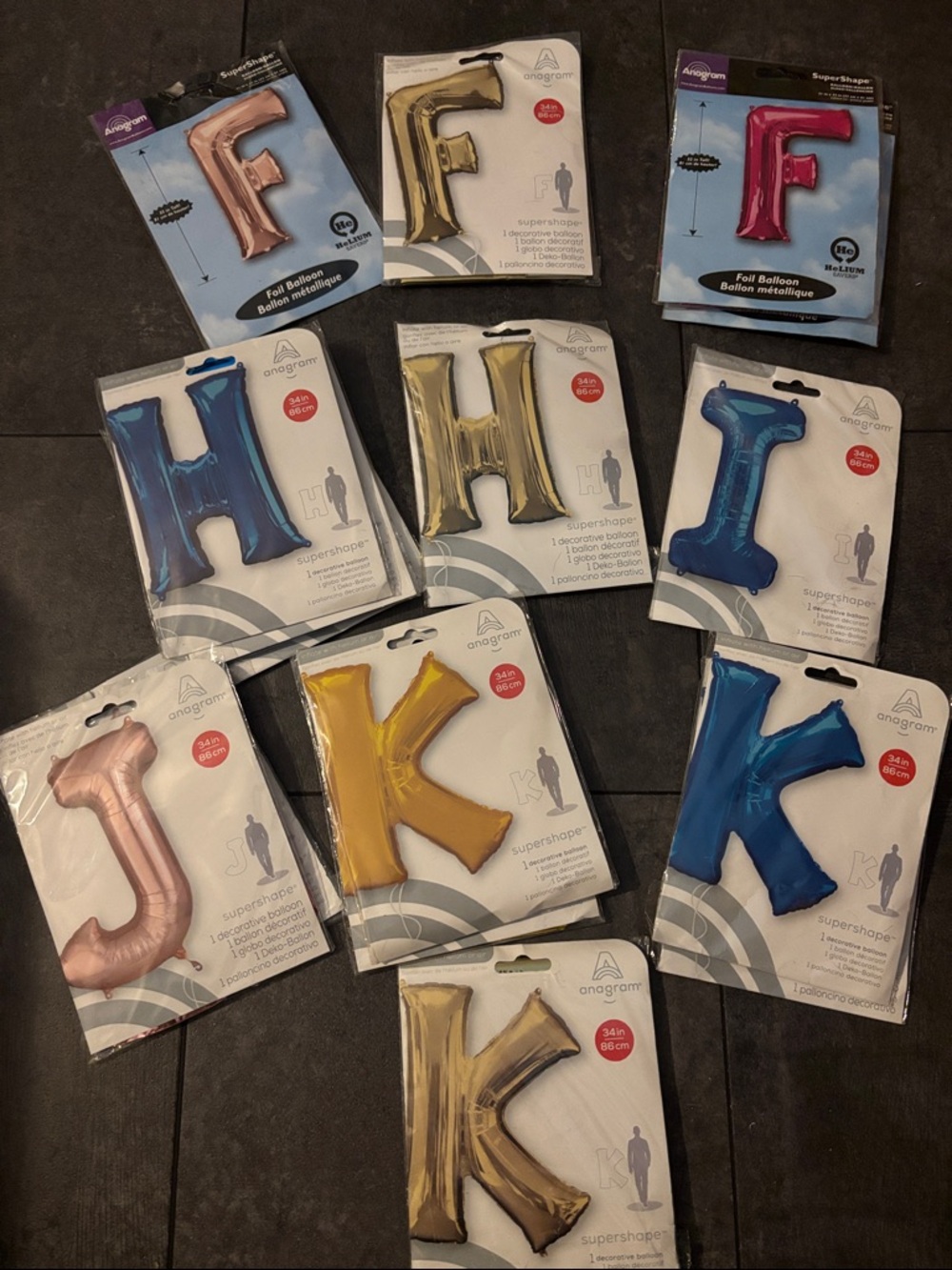 Anagram Foil Letter Balloons - Assorted Colors (F H I J K) - pick your letter